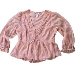 Japna Womens Pink Swiss Dot Peplum Blouse Lace Trim V-Neck Long Sleeve Top M